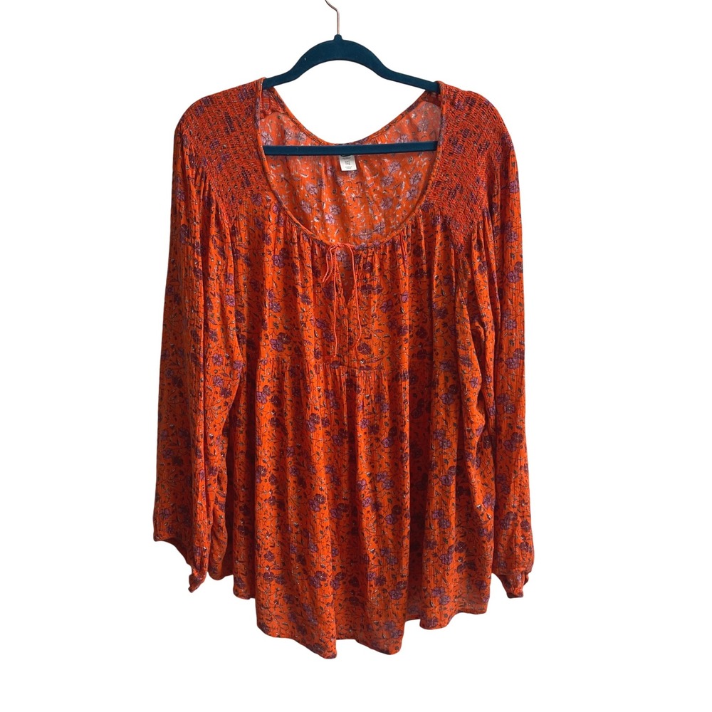 Old Navy Floral Peasant Blouse Women XXL Orange Boho Smocked Long Sleeve Top